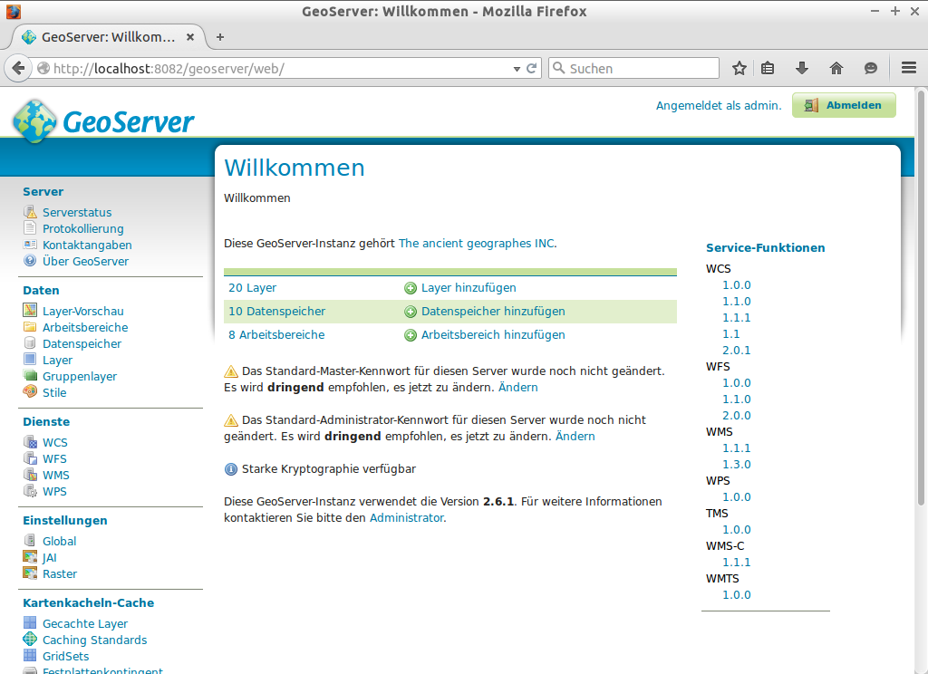 GeoServer-Weboberfläche nach erfolgreichem Login