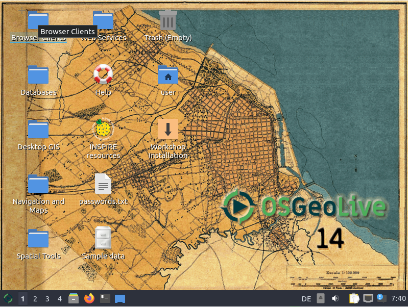 Die Startansicht der OSGeo Live 14.0 auf Ihrem Rechner.