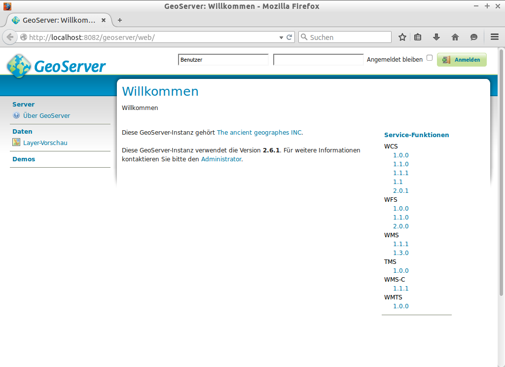 GeoServer web interface after successful launch.